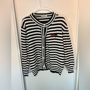 PLAY CARDIGAN SWEATER BLACK WHITE STRIPE 2 HEARTS BUTTON UP